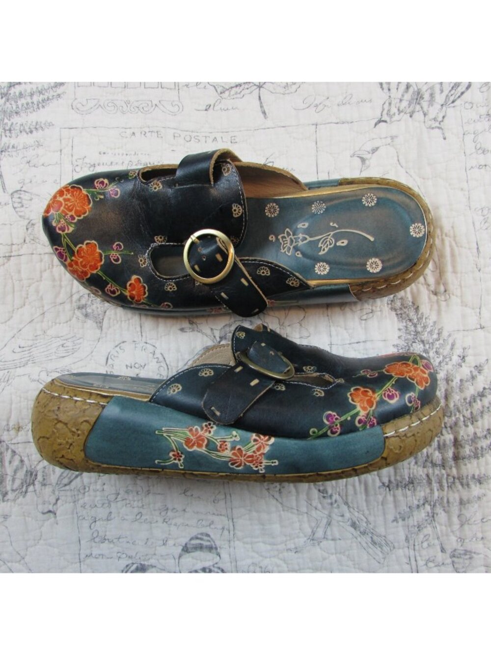 EUC Socofy Leather Boho Hippie Clogs Mules Flower Slip On Wedge Shoes Sz 40 US 9